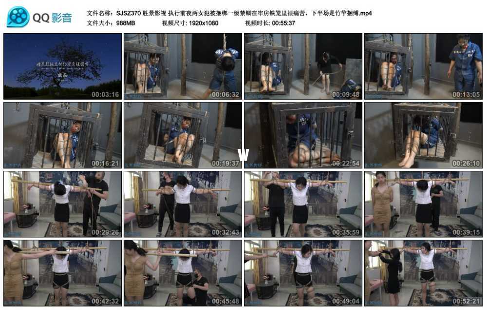 胜景影视 执行前夜两女犯被捆绑一级禁锢在牢房铁笼里很痛苦，下半场是竹竿捆缚
