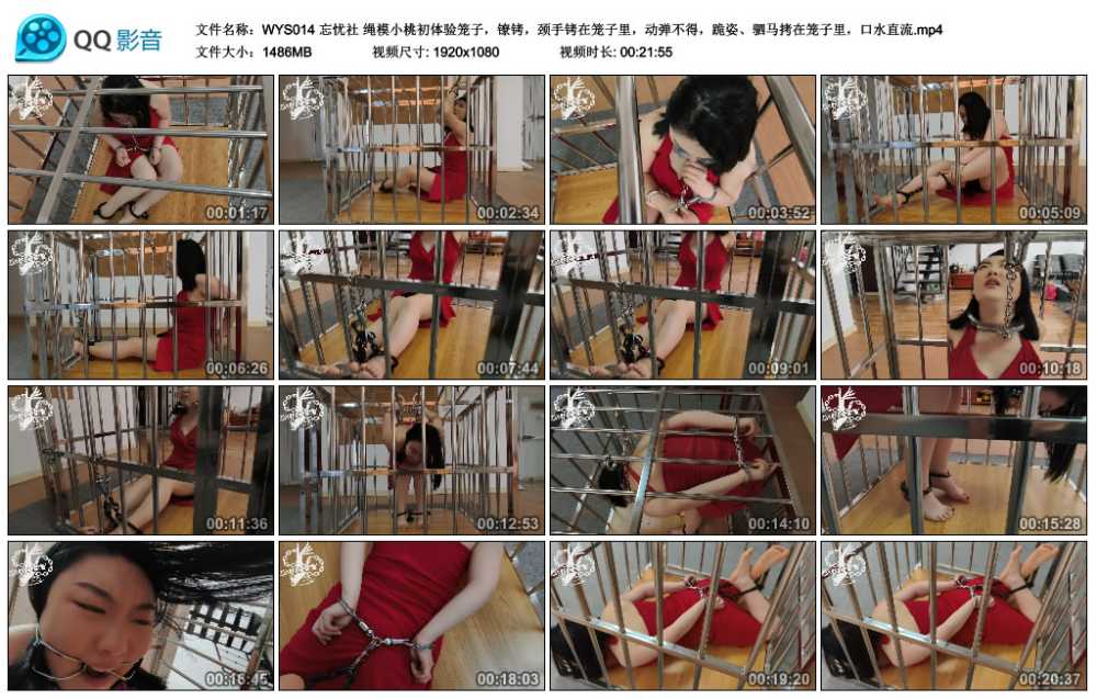 忘忧社 绳模小桃初体验笼子，镣铐，颈手铐在笼子里，动弹不得，跪姿、驷马拷在笼子...